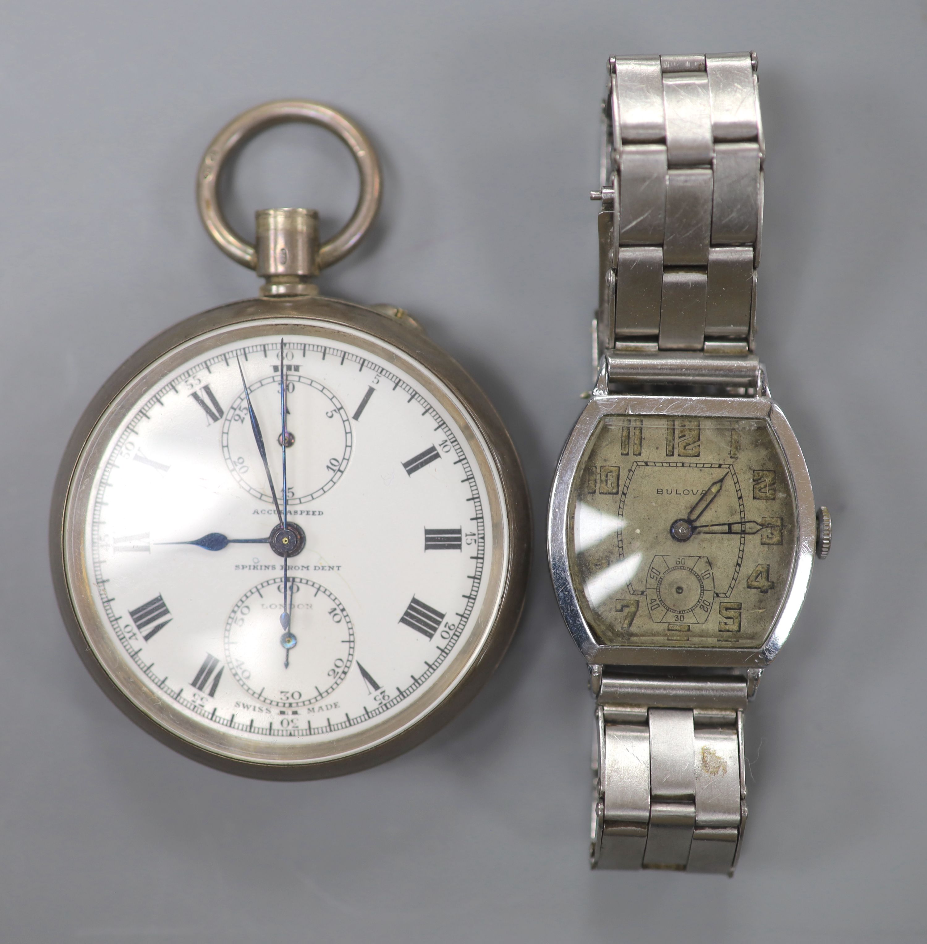 A 1930s Bulova plated wristwatch on later stainless steel bracelet and a Spikins from Dent Accuraspeed silver pocket chronograph (2)